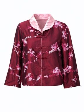 Dai Qi Embroidered satin jacket women's M burgundy Chinese frog closure floral